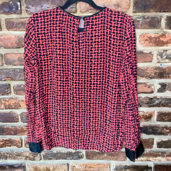 Zara Navy Blue Red Geometric Faux Leather Trim Long Sleeve Top Womens Size Large - Picture 6 of 8